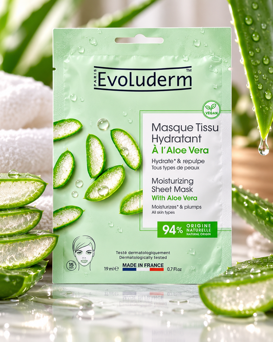 Masque Tissu Hydratant à l'Aloe Vera - 19ml - 94% d'Ingrédients d'Origine Naturelle